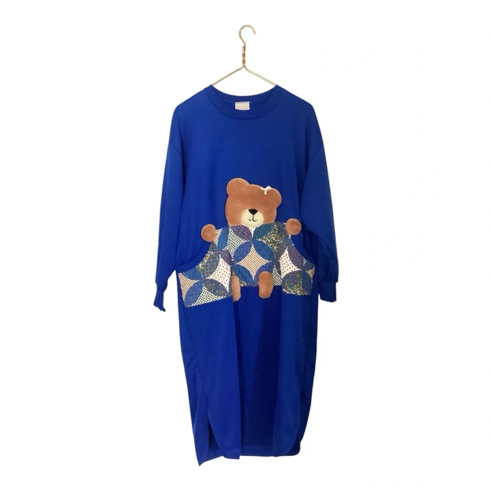 VTG 90s Adonna Blue Teddy Bear Fuzzy Sleeping Long Cozy Christmas Pajama Size L